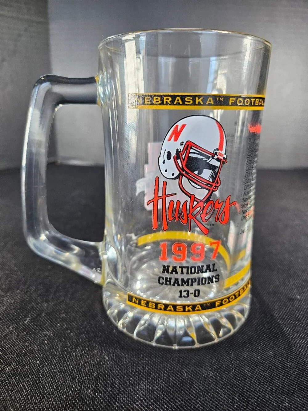 Vintage 1997 Nebraska Cornhuskers National Champions Glass Beer Mug 13-0 Season